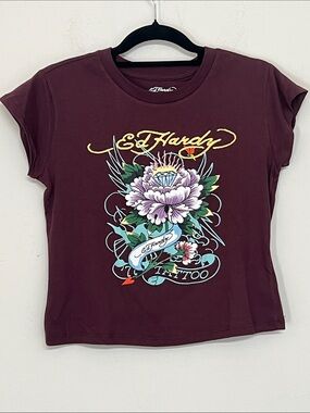 🌞 Ed Hardy Burgundy 2 sided Graphic Tee Floral Tattoo Design women jr size L